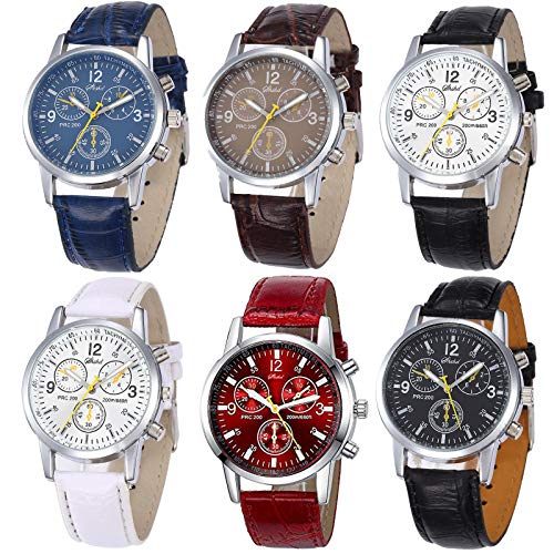 yunanwa 6 Pack Men's Leather Quartz Watch Geneva Boys Casual Dress Wrist Band Watches Wholesale Lots Set (6pcs-C005)
