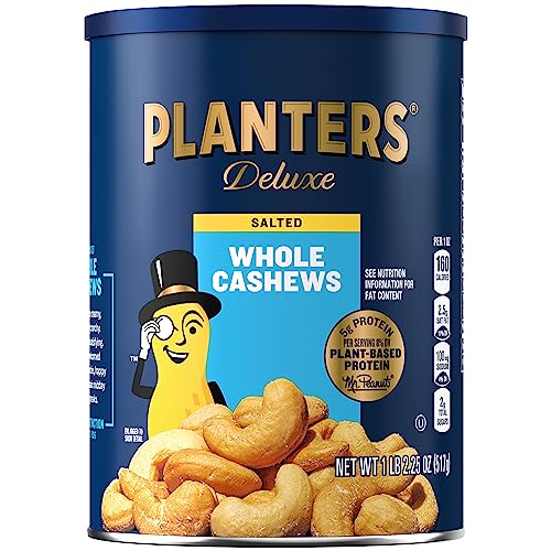PLANTERS Deluxe Salted Whole Cashews, Party Snacks, Plant-Based Protein 18.25oz (1 Canister)