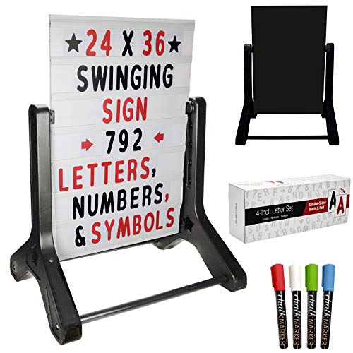 EXCELLO GLOBAL PRODUCTS Swinging Changeable Message Sidewalk Sign: 24' x 36' with 792 Pre-Cut Double Sided Letter & Storage Box, Black Sign Board & 4 Liquid Chalkboard, Letter Board, Black Color Legs