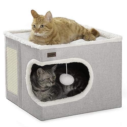 Garnpet Cat Bed for Indoor Cats Cube House, Covered Cat Cave Beds & Furniture with Scratch Pad and Hideaway Tent, Cute Modern Cat Condo for Multi Small Pet Large Kitten Kitty, Grey