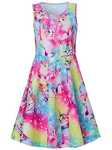 BFUSTYLE Girls Colourful Cats Dress Casual Puss Star Crew Neck Slim Fit Twirl Dresses Fall School Beach Outfit Gift for Kid Preschooler Daughter 6-7 Years Old