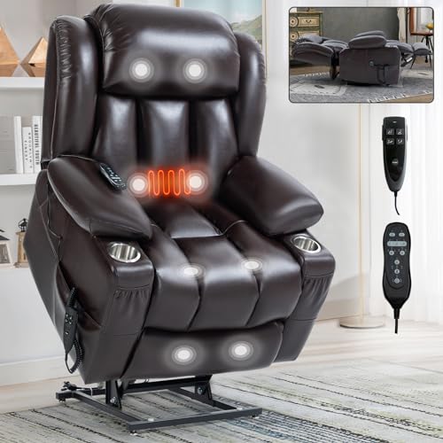 Dual Motor Position Up to 350 LBS Leatheraire Power Lift Recliner Chair, Heavy Duty Motion Mechanism with 8-Point Vibration Massage and Lumbar Heating, Stainless steel Cup Holders, Faux Leather