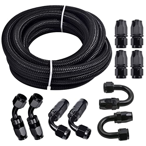 3/8 6AN 20FT, Nylon Stainless Steel Braided Fuel Line Oil/Gas/Fuel Hose End Fitting Hose with 10PCS Swivel Fitting Adapter Kit - Black