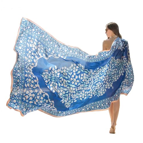 DANA XU 100% Mulberry Satin Silk Summer Travel Scarf Extra Large Women Floral Shawl Oversize Soft Wraps For Evening Dresses