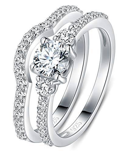 BORUO 925 Sterling Silver Ring, Cubic Zirconia CZ 2pc Wedding Band Stackable Ring Set Size 8