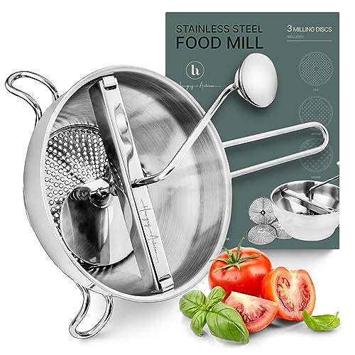 Ergonomic Food Mill Stainless Steel With 3 Grinding Discs, Milling Handle & Bowl - Rotary Food Mill for Tomato Sauce, Applesauce, Puree, Mashed Potatoes, Jams, Baby Food