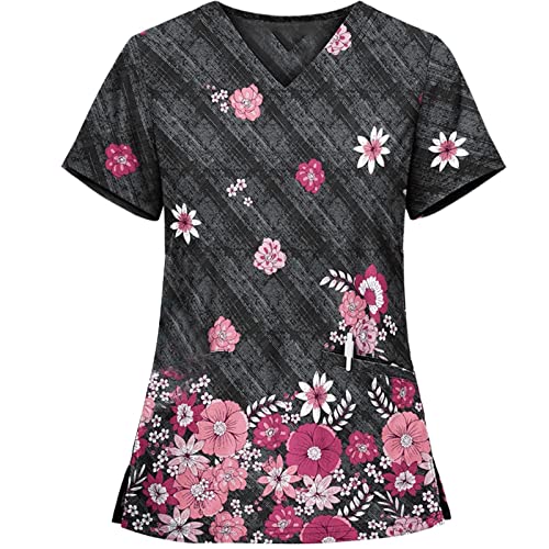 Prime Sale Short Sleeve Scrub for Women Encanto Work Spring Plus Size with Pockets Top Soft Print Polyester V-Neck Comfy Scrub