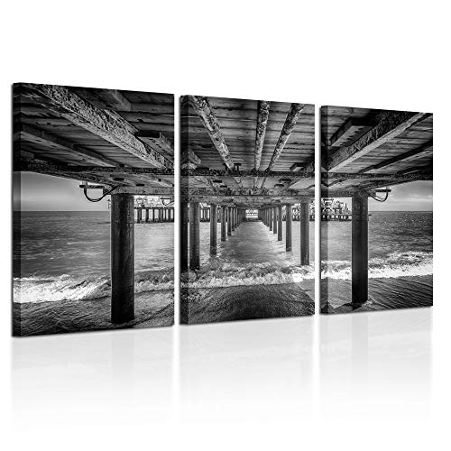 KREATIVE ARTS - UNDER THE PIER Premium Canvas Art Print Black and White Large Seascape Wall Art Deco Canvas Picture Stretched on Wooden Frame as Modern Gallery Artwork