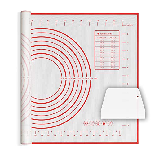 Silicone Baking Mat Non Slip Pastry Mat with Measurement Non Stick BPA Free Baking Mat Sheet for Rolling Dough Counter Cookies Pie, 24 x 16 Inches Red (with 1 Dough Scraper)