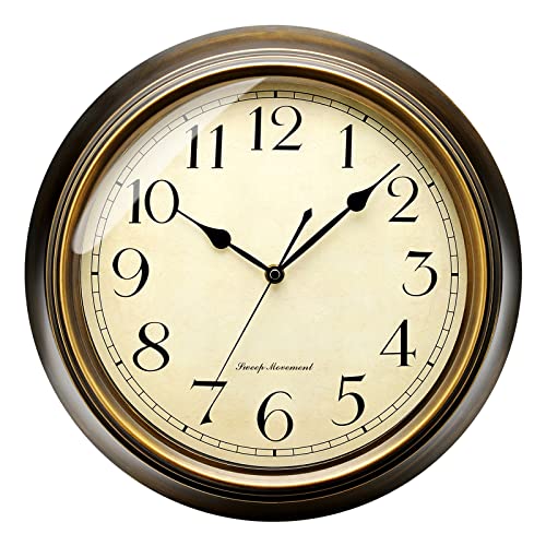 Plumeet Retro Wall Clock, 13'' Non Ticking Classic Silent Metal Wall Clocks Decorative Kitchen Living Room Bedroom, Arabic Numerals, Battery Operated (13'', Brown)