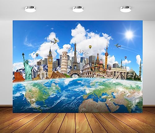 BELECO 7x5ft Fabric Around The World Travel Backdrop Global Travel World Map Earth Photo Background World Famous Landmark Newyork Paris Eiffel Tower Backdrop Birthday Party Decor Photoshoot Props