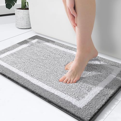 OLANLY Bathroom Rugs 24x16, Extra Soft and Absorbent Microfiber Bath Mat, Non-Slip, Machine Washable, Quick Dry Shaggy Bath Carpet, Suitable for Bathroom Floor, Tub, Shower (Grey and White)