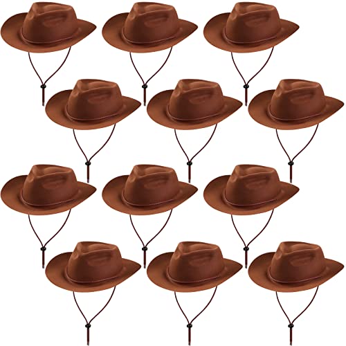 Hicarer 12 Pieces Western Cowboy Hat Set Plastic Felt Wide Brimmed Felt Cowgirl Party Hats for Men Women Adult Costume Party(Brown)