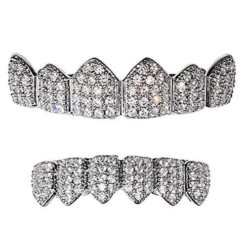 CZ Grillz Set Silver Tone Cubic Zirconia Micro Pave Bling Teeth Top & Bottom Row Iced Hip Hop Grills