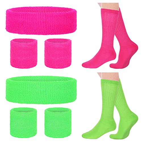 Whaline 10Pcs 90s Neon Party Headband Wristbands Slouch Socks Set Stretchy Cotton Knit Green Rose Red Knee High Socks Sweatbands 80s Style Women Girls Sport Accessories for Yoga Tennis Running