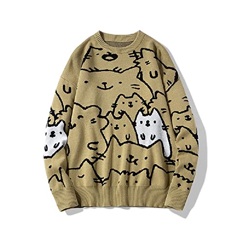 Autumn Cotton Anime Sweaters Men Vintage Oversized Sweaters Fashion Streetwear Cute Cat Cartoon Pullover Men Clothing (L, Apricot)