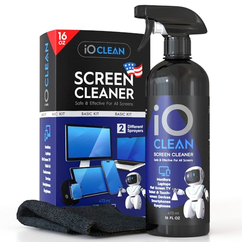 Screen Cleaner Spray (16oz) – Best Large Cleaning Kit for LCD LED OLED TV, Smartphone, iPad, Laptop, Touchscreen, Computer Monitor, Other Electronic Devices – Microfiber Cloth Wipes and 2 Nozzles