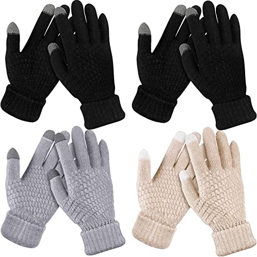 4 Pairs Women's Winter Touch Screen Gloves Warm Fleece Lined Knit Gloves Elastic Cuff Winter Texting Gloves (Black, Gray, Apricot)