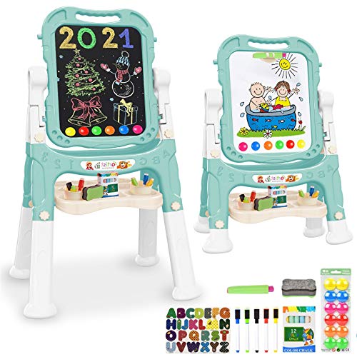 Mojitodon Easel for Kids,Rotatable Double Sided Easel for Kids Adjustable Standing Art Easel with Painting Accessories for Toddlers Boys and Girls-Green