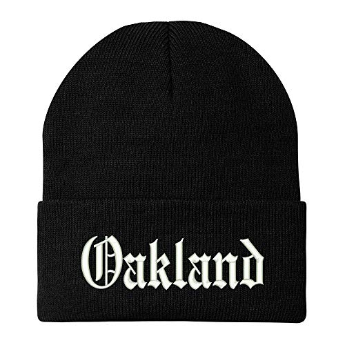 Trendy Apparel Shop Old English Font Oakland City Embroidered Winter Long Cuff Beanie - Black