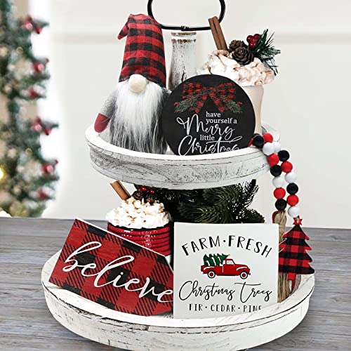 Christmas Decor - Christmas Decorations Indoor - Believe Merry Christmas Wooden Signs & Buffalo Plaid Gnomes Plush Set - Farmhouse Rustic Tiered Tray Country Decor for Home Room Table Mantle