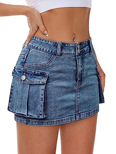Mancreda Women Denim Cargo Skirt Mini Low Waist Button Bodycon Y2K Flap Pockets Skirts(BL,M)