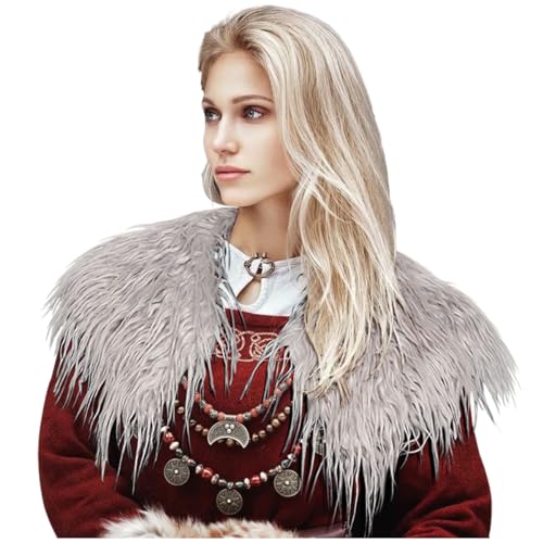 L'VOW Medieval Women Faux Woolen Fur Collar Shoulder Shawl Wrap Winter Warrior Cape Halloween Costume(Grey)