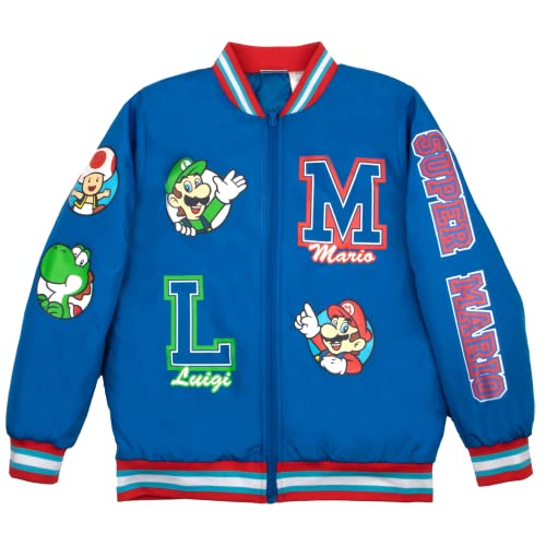 Nintendo Super Mario Bomber Jacket for Boys, Mario and Luigi Bomber Jacket (Bros. Blue, Size 10/12)