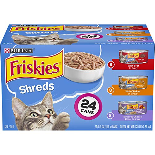 Purina Friskies Gravy Wet Cat Food Variety Pack, Shreds Beef, Chicken and Turkey & Cheese Dinner - (Pack of 24) 5.5 oz. Cans