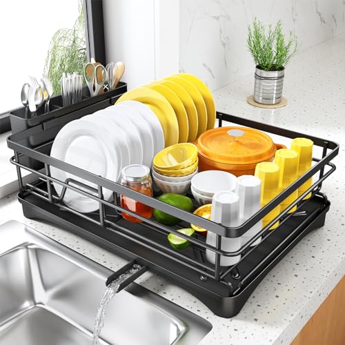 Dish Drying Rack for Kitchen Counter - Large Dish Rack with Drainboard, Rustproof Dish Drainer with Utensil Holder for Sink, Black