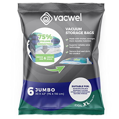 Vacwel Vacuum Storage Bags for Clothes, Quilts, Pillows, Space Saver Size - Extra Strong Vacuum Seal Bags - 6x Pack Jumbo (43x30in)