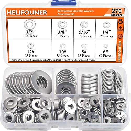 HELIFOUNER 270Pieces 8 Sizes Stainless Steel Flat Washers Assortment Kit, 1/2 3/8 5/16 1/4 12# 10# 8# 6#