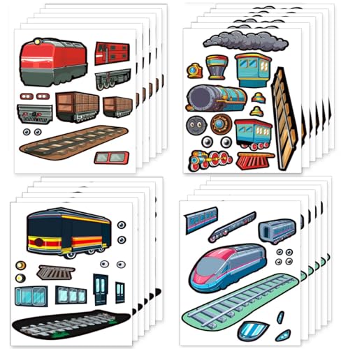 24 Make A Train Stickers for Kids - - Create Your Own Steam, Freight, Bullet, & Trolley Trains - Easy to Use, No Mess Train - Great Party Favor & Rainy Day Activity
