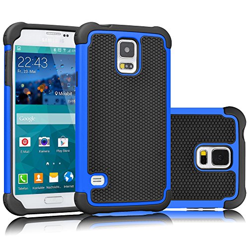 Tekcoo Galaxy S5 Case, [Tmajor] Sturdy [Blue/Black] Shock Absorbing Hybrid Rubber Plastic Impact Defender Rugged Slim Hard Case Cover Bumper for Samsung Galaxy S5 S V I9600 GS5 All Carriers