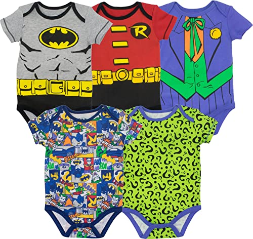 WARNER BROS DC Comics Justice League Batman Joker Riddler Newborn Baby Boys 5 Pack Short Sleeve Bodysuits Superheroes 6-9 Months