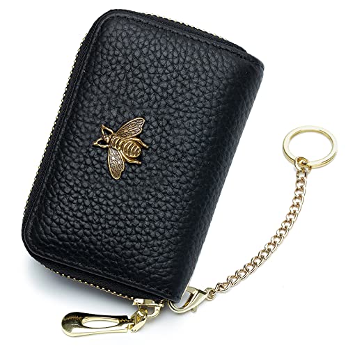 imeetu RFID Credit Card Holder, Small Leather Zipper Card Case Wallet with Keychain and ID Window for Women (A-Black)