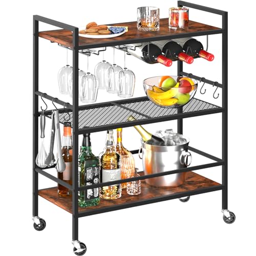 Yoobure Bar Cart with Wheels, Bar Carts for The Home, 3-Tier Rolling Kitchen Cart with Wine Rack and Glass Holder, Home Bar & Serving Carts with Hooks Wine Cart Microwave Cart for Kitchen Living Room