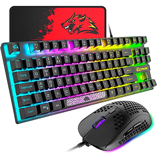 ZIYOU LANG T2Pro 75% Wired Mechanical Feel Keyboard and 6400 DPI Optical Mouse Combo,Compact Rainbow Backlit PC Gaming Keyboard,65g Lightweight Honeycomb Mouse &Pad for Gamer/Win/Mac/Laptop(Black)