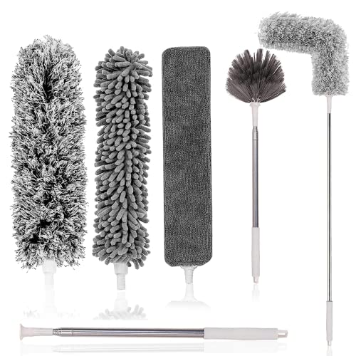 Tiumso Microfiber Feather Duster 5-in-1 Kit, Dusters for Cleaning, Duster with Extension Pole 100 Inches, Cobweb Duster, Microfiber Dusters for High Ceilings and Fans, Blinds, Cars and Furniture