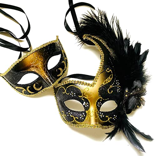 MasqStudio Couples Black Gold Masquerade Ball Mask Pair Feather Mardi Gras Party Valentines Gift for Her (Black Gold)