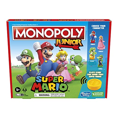 Monopoly Junior Super Mario Edition Board Game, Fun Kids' Ages 5 and Up, Explore The Mushroom Kingdom as Mario, Peach, Yoshi, or Luigi (Amazon Exclusive)