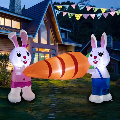 MINDELF 7 FT Long Easter Decorations Inflatables Two Bunnies with Carrot, Lighted Easter Blow Up Boy and Girl Bunnies Holding Carrot, Spring Seasonal Decor for Outdoor Indoor Patio Yard Garden Lawn
