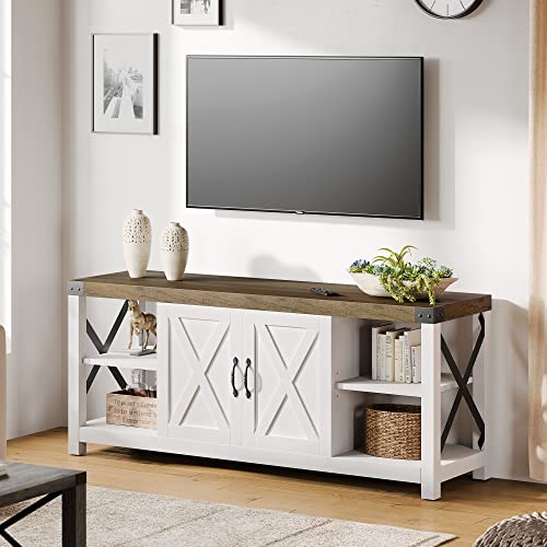IDEALHOUSE Farmhouse TV Stand for 65/60/55 Inches, Mid Century Modern Entertainment Center with Storage Cabinets and Open Shelves, Wood TV Table Media Console for Living Room, Bedroom (White)