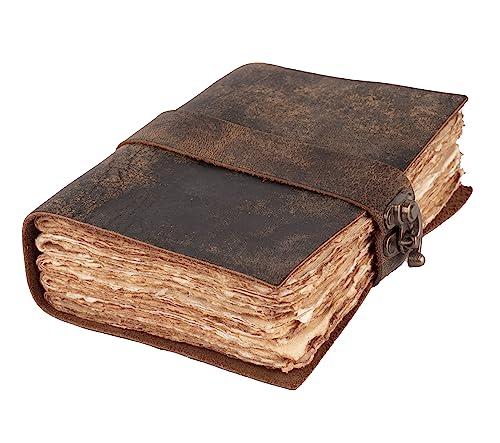 LEATHER VILLAGE Leather Bound Vintage Journal for Women & Men - Book of Shadows - Lock Closure - 200 Pages of Antique Deckle Edges Handmade Paper - Rustic Brown Color - 7 X 5 inches