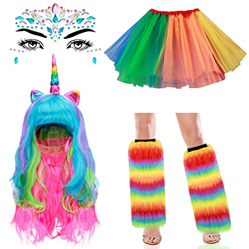4 Unicorn Costume Set Fur Rainbow Fluffy Leg Warmers Layered Tulle Tutu Skirt Unicorn Wig and Headpiece Face Gem Sticker for Party Costume Holiday Festival Performance Play Cosplay Girl Adult Women