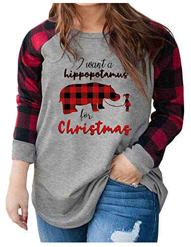 Womens I Want A Hippopotamus for Christmas Raglan Baseball Plus Size T Shirts Xmas Casual Long Sleeve Plaid Tees Tops (Grey2, 3X-Large)