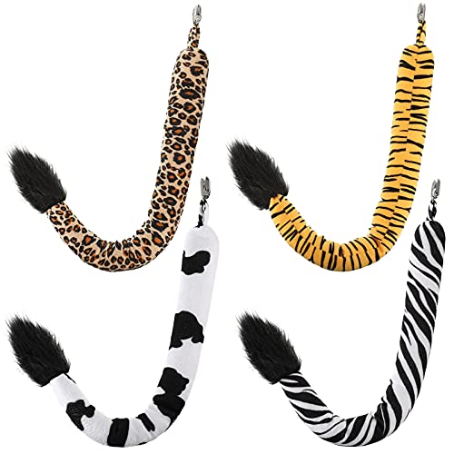 4 Pieces Animal Tails Costume Safari Party Supplies Faux Fur Animal Tails Accessory, Zebra Tail, Cow Tail, Tiger Tail and Leopard Tail for Halloween Party Cosplay Animal Theme Party