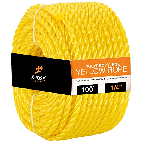 Yellow Twisted Polypropylene Rope - 1/4' Floating Poly Pro Cord 100 Ft - Resistant to Oil, Moisture, Marine Growth and Chemicals - Reduced Slip, Easy Knot, Flexible - by Xpose Safety