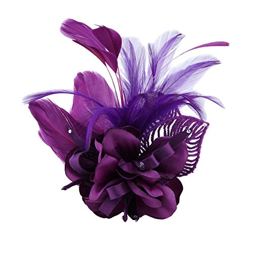 Women's Fascinator Feather Flower Pin Brooch Corsage Bridal Hairband Derby Hat Cocktail Party Wedding (A1 Purple)