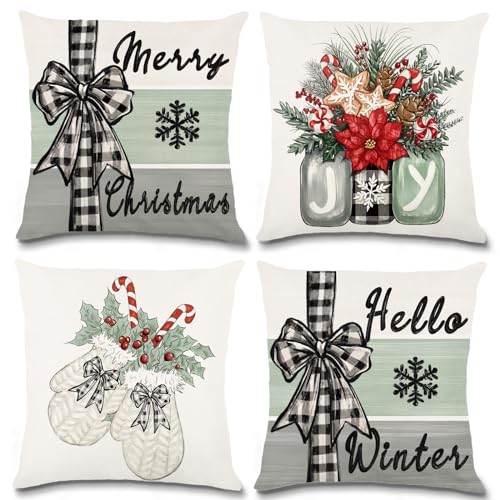 DIYDEC 4pcs Christmas Pillow Covers 18 x 18 Inch Xmas Winter Pillow Cushion Cases for Christmas Holiday Home Decorations Throw Outdoor Seasonal Pillow Covers for Couch Sofa Farmhouse
